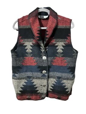 Rhonda Stark Desperado Southwestern Patterned Button Vest Black Red & Tan Sz M